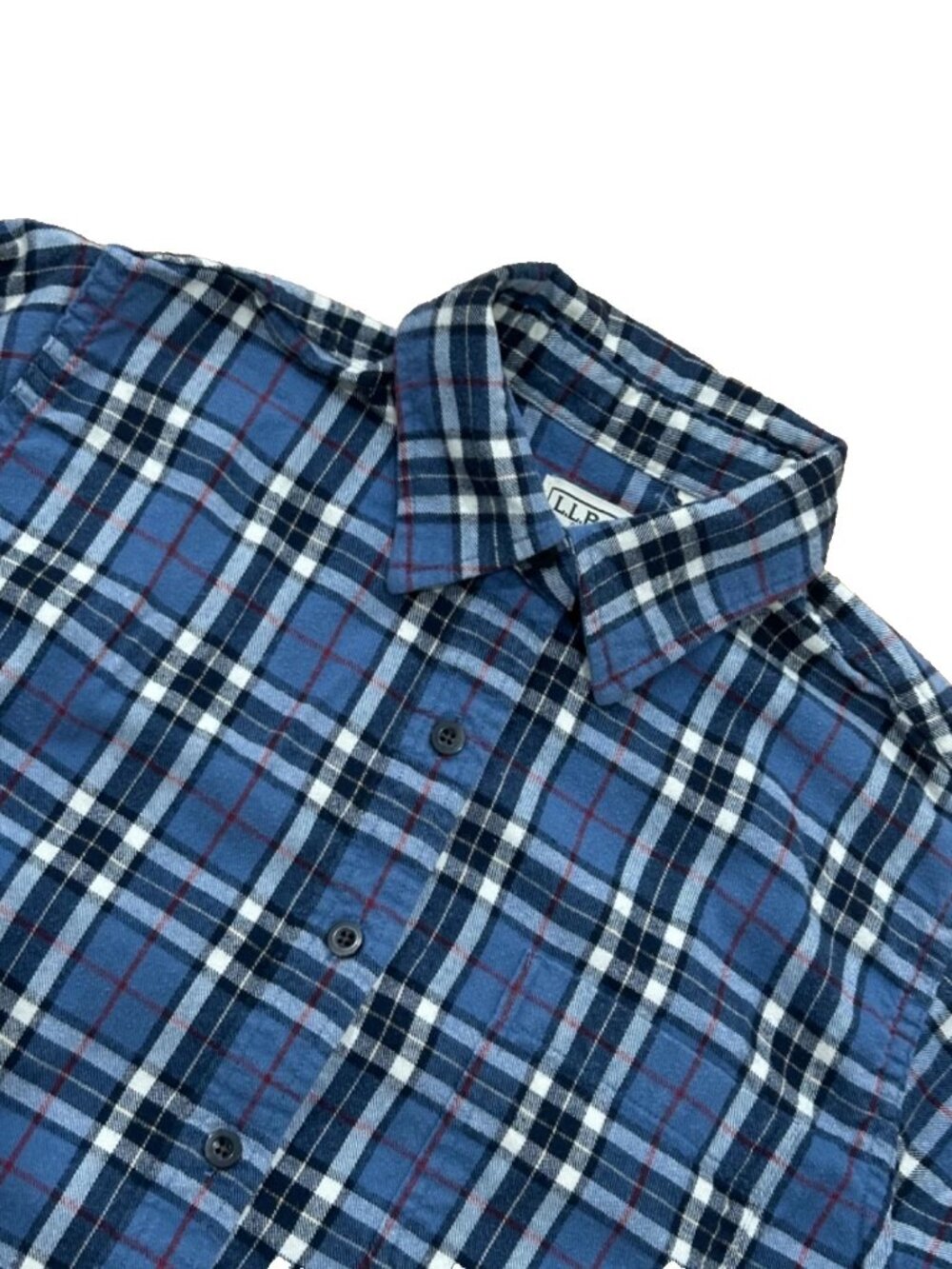 Vintage L.L. Bean Scotch Plaid Flannel Shirt 90s Blue Navy White Made in Canada